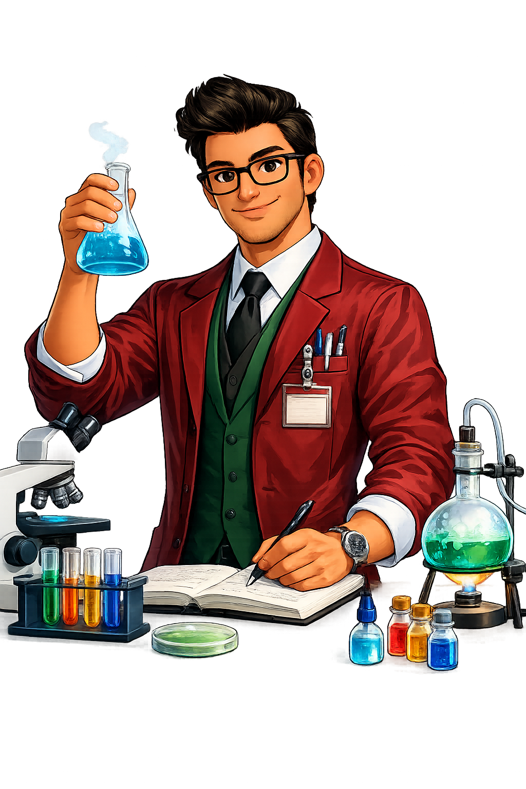 Ilustrasi peneliti teknik kimia di laboratorium memegang labu erlenmeyer, dikelilingi tabung reaksi dan peralatan gelas laboratorium